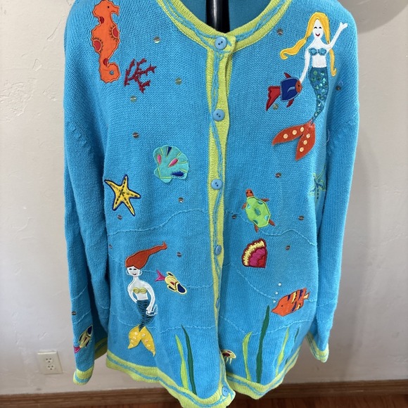Quacker Factory Sweaters - Quacker Factory Women's 3X  Blue Green Mermaids Embroidered Cardigan Sweater GUC